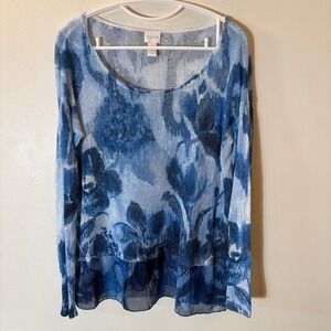 Chicos Blue Floral Layered Hem Knit Top Watercolor Long Sleeve Size 1 Medium